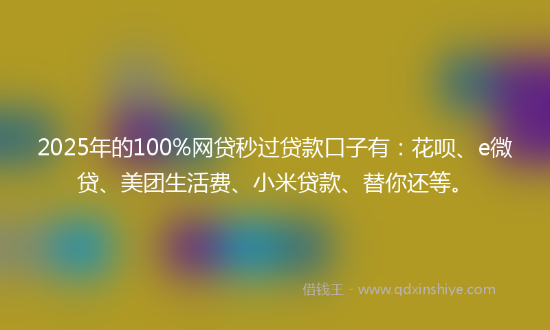 2025年的100%网贷秒过贷款口子有：花呗、e微贷、美团生活费、小米贷款、替你还等。
