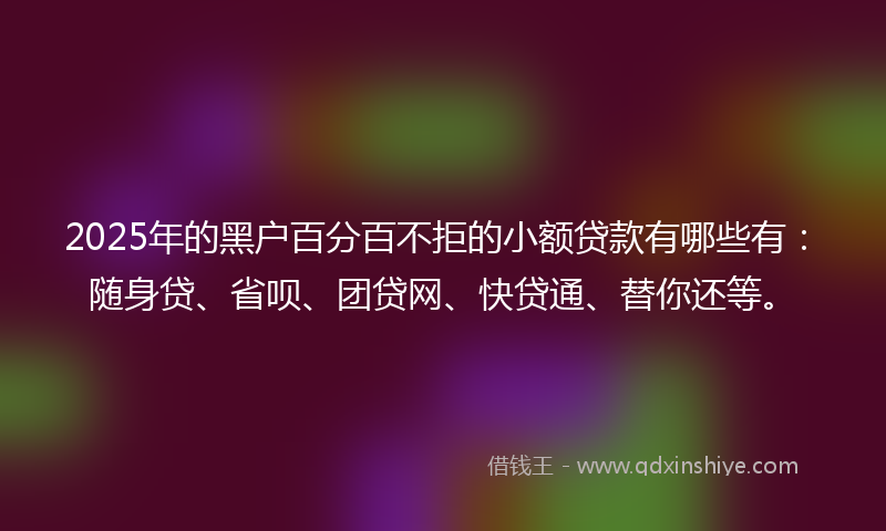 2025年的黑户百分百不拒的小额贷款有哪些有：随身贷、省呗、团贷网、快贷通、替你还等。