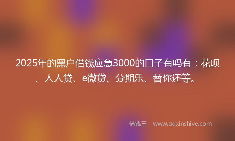2025年的黑户借钱应急3000的口子有吗有：花呗、人人贷、e微贷、分期乐、替你还等。