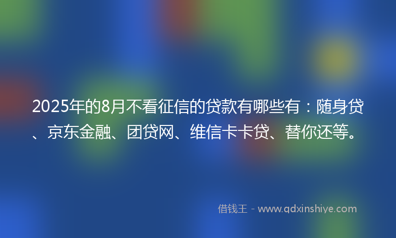 2025年的8月不看征信的贷款有哪些有：随身贷、京东金融、团贷网、维信卡卡贷、替你还等。