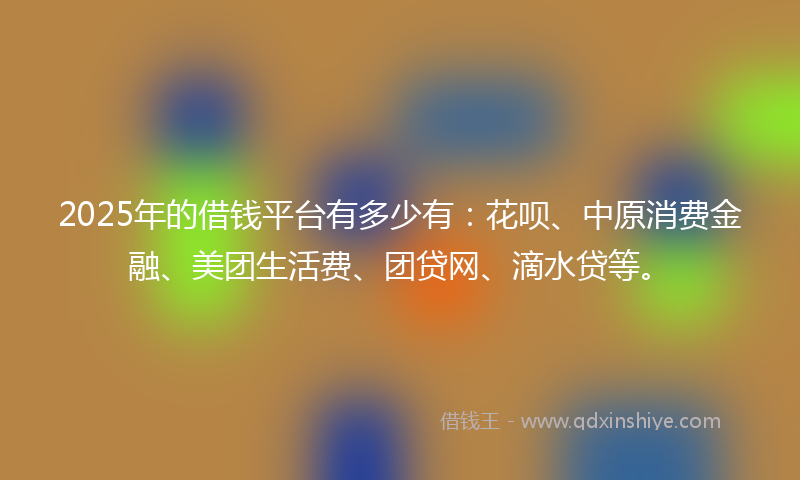 2025年的借钱平台有多少有：花呗、中原消费金融、美团生活费、团贷网、滴水贷等。