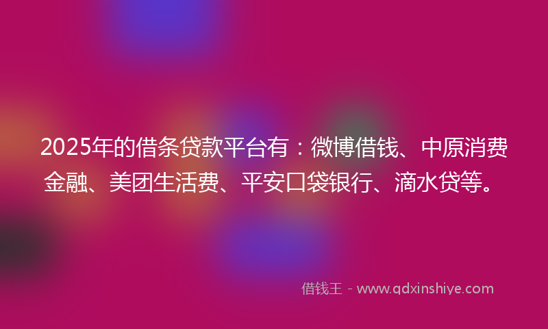 2025年的借条贷款平台有：微博借钱、中原消费金融、美团生活费、平安口袋银行、滴水贷等。