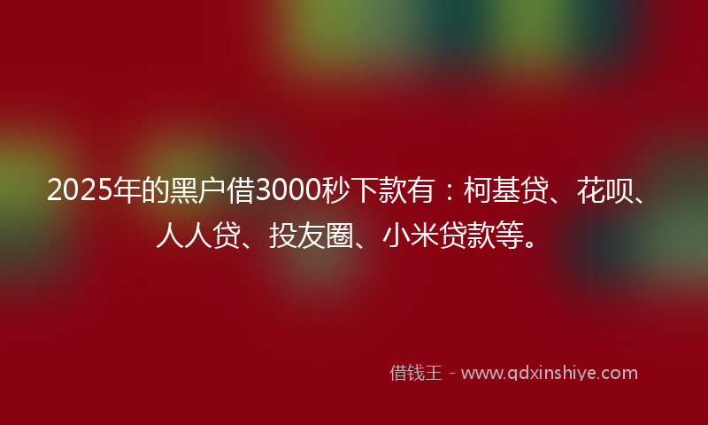 2025年的黑户借3000秒下款有：柯基贷、花呗、人人贷、投友圈、小米贷款等。