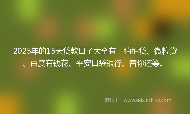 2025年的15天贷款口子大全有：拍拍贷、微粒贷、百度有钱花、平安口袋银行、替你还等。