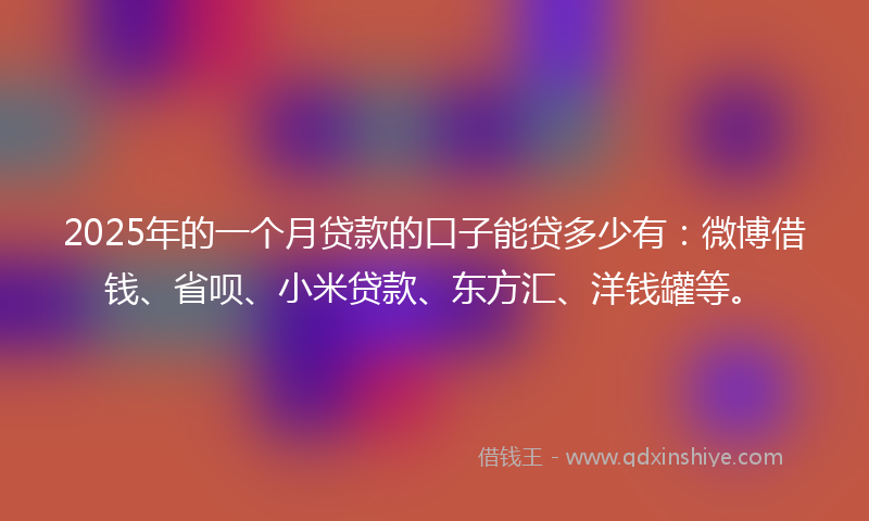 2025年的一个月贷款的口子能贷多少有：微博借钱、省呗、小米贷款、东方汇、洋钱罐等。