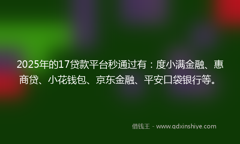2025年的17贷款平台秒通过有：度小满金融、惠商贷、小花钱包、京东金融、平安口袋银行等。