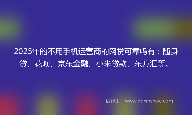 2025年的不用手机运营商的网贷可靠吗有：随身贷、花呗、京东金融、小米贷款、东方汇等。