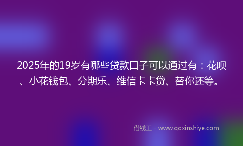 2025年的19岁有哪些贷款口子可以通过有：花呗、小花钱包、分期乐、维信卡卡贷、替你还等。