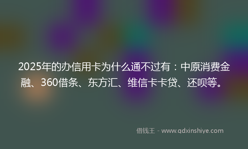 2025年的办信用卡为什么通不过有：中原消费金融、360借条、东方汇、维信卡卡贷、还呗等。