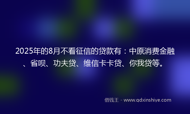 2025年的8月不看征信的贷款有：中原消费金融、省呗、功夫贷、维信卡卡贷、你我贷等。