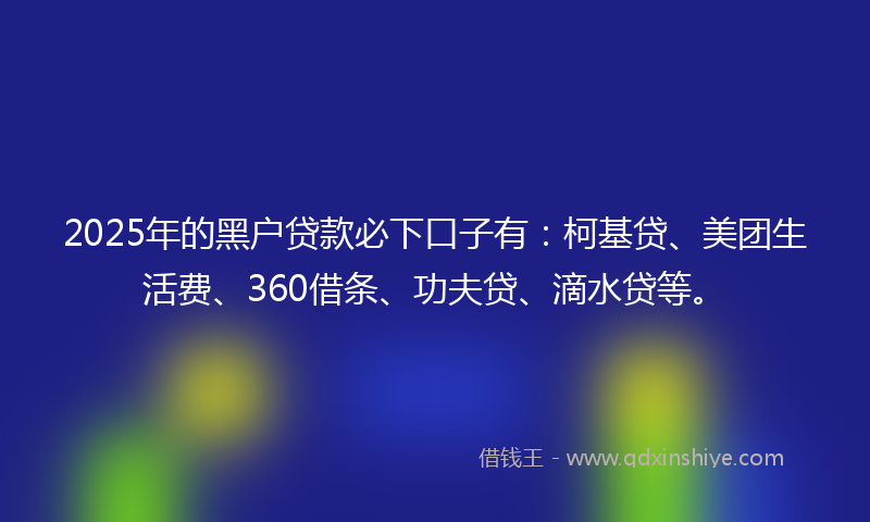 2025年的黑户贷款必下口子有：柯基贷、美团生活费、360借条、功夫贷、滴水贷等。