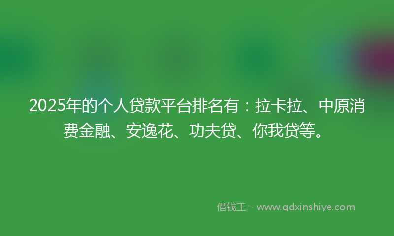 2025年的个人贷款平台排名有：拉卡拉、中原消费金融、安逸花、功夫贷、你我贷等。