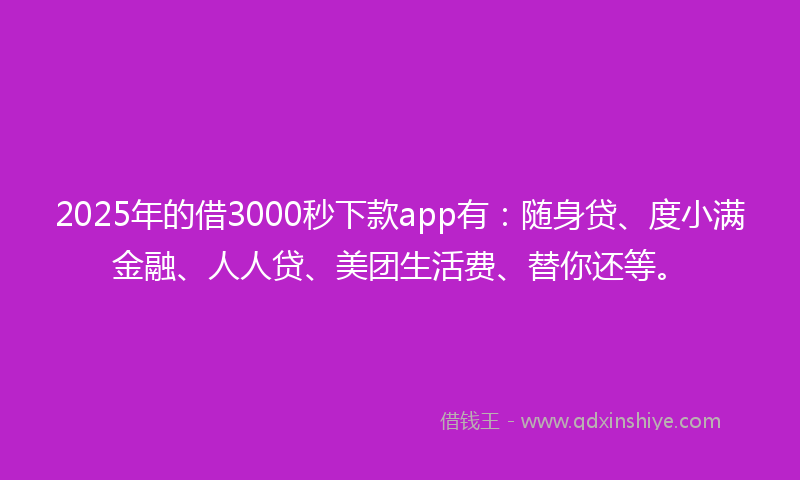 2025年的借3000秒下款app有：随身贷、度小满金融、人人贷、美团生活费、替你还等。