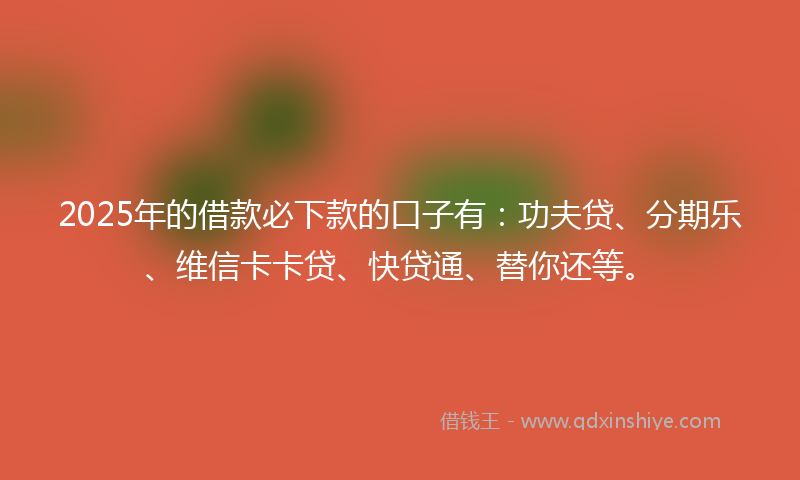 2025年的借款必下款的口子有：功夫贷、分期乐、维信卡卡贷、快贷通、替你还等。