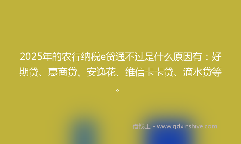 2025年的农行纳税e贷通不过是什么原因有：好期贷、惠商贷、安逸花、维信卡卡贷、滴水贷等。