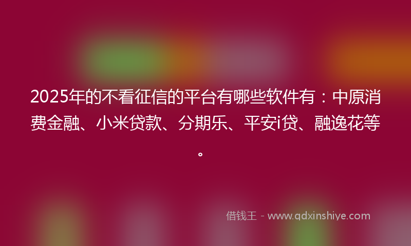 2025年的不看征信的平台有哪些软件有：中原消费金融、小米贷款、分期乐、平安i贷、融逸花等。