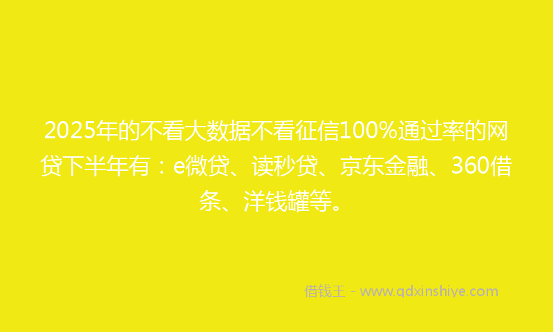 2025年的不看大数据不看征信100%通过率的网贷下半年有：e微贷、读秒贷、京东金融、360借条、洋钱罐等。