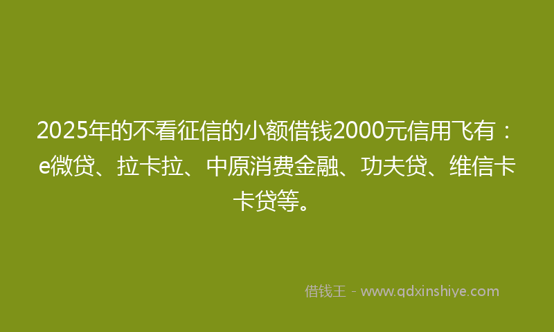2025年的不看征信的小额借钱2000元信用飞有：e微贷、拉卡拉、中原消费金融、功夫贷、维信卡卡贷等。