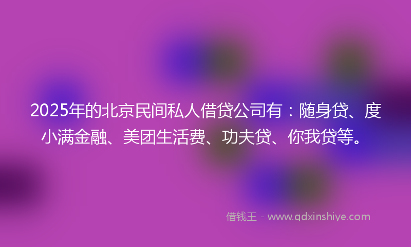 2025年的北京民间私人借贷公司有：随身贷、度小满金融、美团生活费、功夫贷、你我贷等。