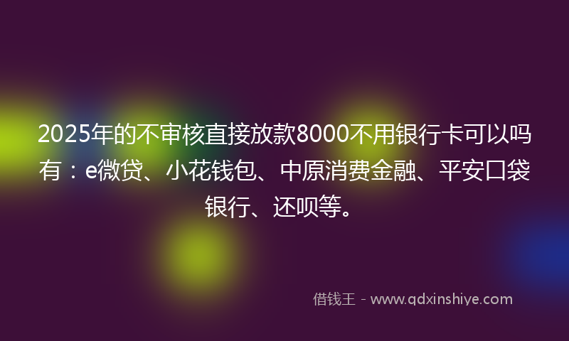 2025年的不审核直接放款8000不用银行卡可以吗有：e微贷、小花钱包、中原消费金融、平安口袋银行、还呗等。