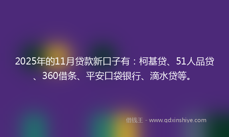 2025年的11月贷款新口子有：柯基贷、51人品贷、360借条、平安口袋银行、滴水贷等。