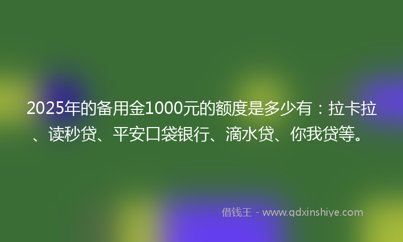 2025年的备用金1000元的额度是多少有：拉卡拉、读秒贷、平安口袋银行、滴水贷、你我贷等。