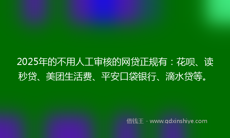 2025年的不用人工审核的网贷正规有：花呗、读秒贷、美团生活费、平安口袋银行、滴水贷等。