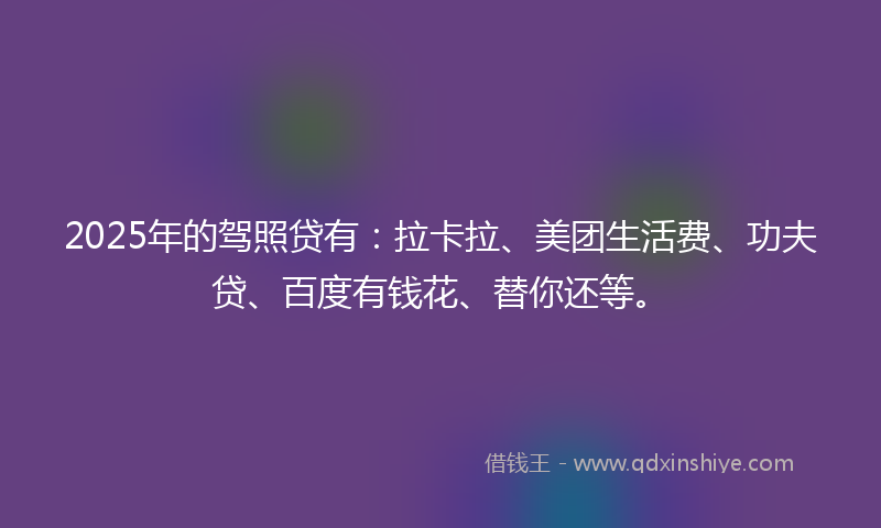 2025年的驾照贷有：拉卡拉、美团生活费、功夫贷、百度有钱花、替你还等。