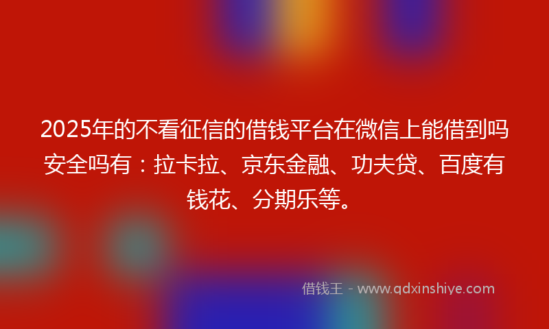 2025年的不看征信的借钱平台在微信上能借到吗安全吗有：拉卡拉、京东金融、功夫贷、百度有钱花、分期乐等。
