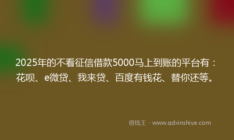 2025年的不看征信借款5000马上到账的平台有：花呗、e微贷、我来贷、百度有钱花、替你还等。