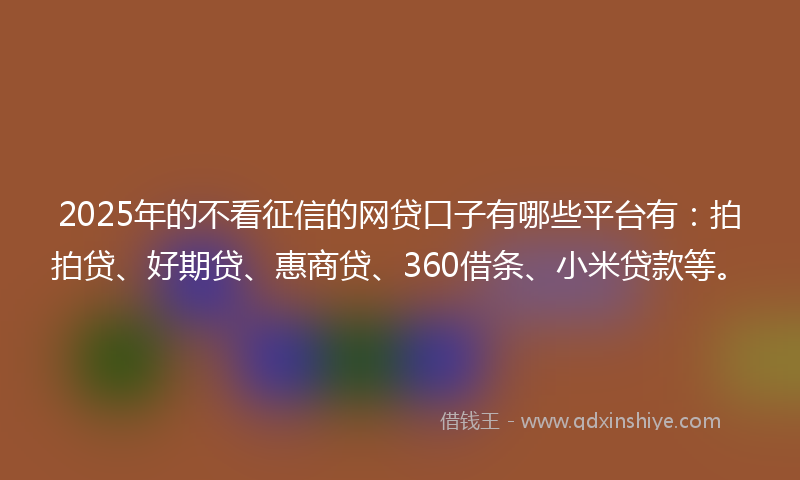 2025年的不看征信的网贷口子有哪些平台有：拍拍贷、好期贷、惠商贷、360借条、小米贷款等。