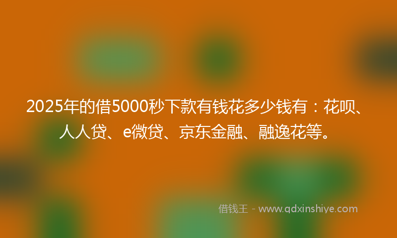 2025年的借5000秒下款有钱花多少钱有：花呗、人人贷、e微贷、京东金融、融逸花等。