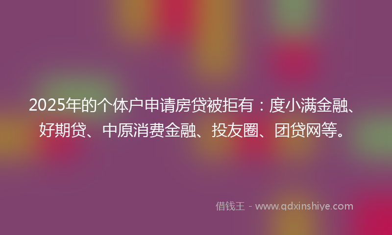 2025年的个体户申请房贷被拒有：度小满金融、好期贷、中原消费金融、投友圈、团贷网等。