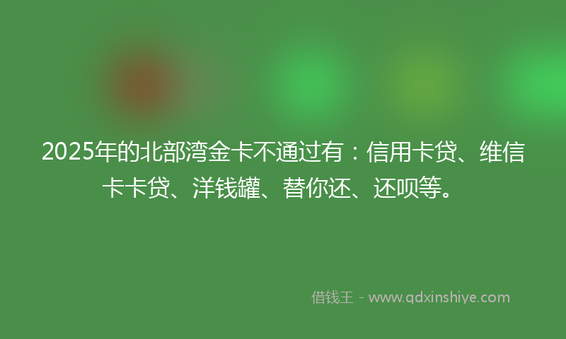 2025年的北部湾金卡不通过有：信用卡贷、维信卡卡贷、洋钱罐、替你还、还呗等。