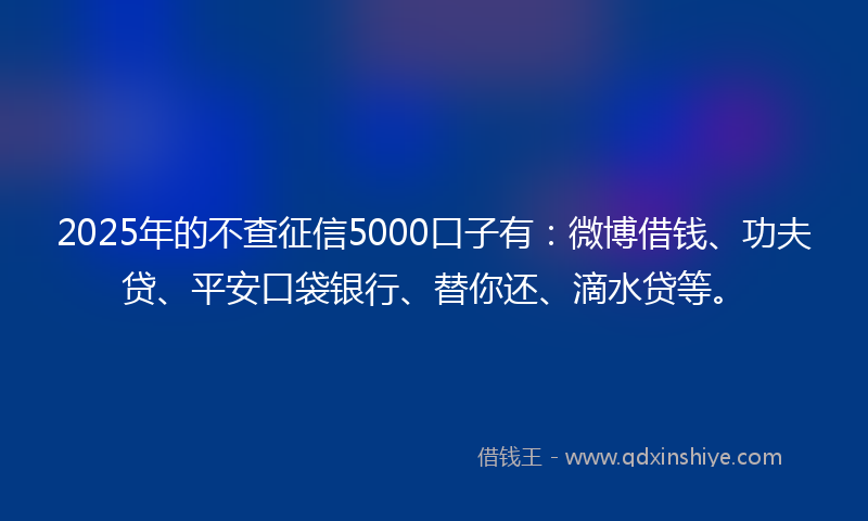 2025年的不查征信5000口子有：微博借钱、功夫贷、平安口袋银行、替你还、滴水贷等。