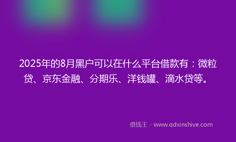2025年的8月黑户可以在什么平台借款有:微粒贷、京东金融、分期乐、洋钱罐、滴水贷等。
