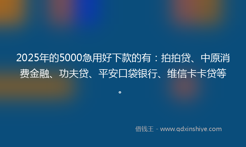 2025年的5000急用好下款的有：拍拍贷、中原消费金融、功夫贷、平安口袋银行、维信卡卡贷等。