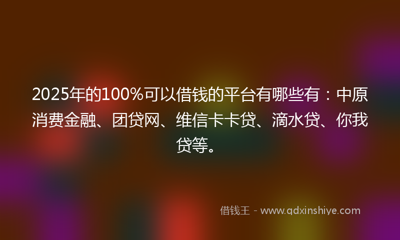 2025年的100%可以借钱的平台有哪些有：中原消费金融、团贷网、维信卡卡贷、滴水贷、你我贷等。