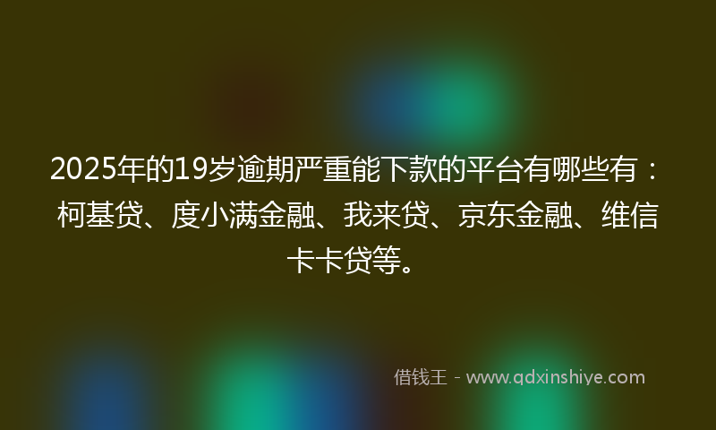 2025年的19岁逾期严重能下款的平台有哪些有：柯基贷、度小满金融、我来贷、京东金融、维信卡卡贷等。