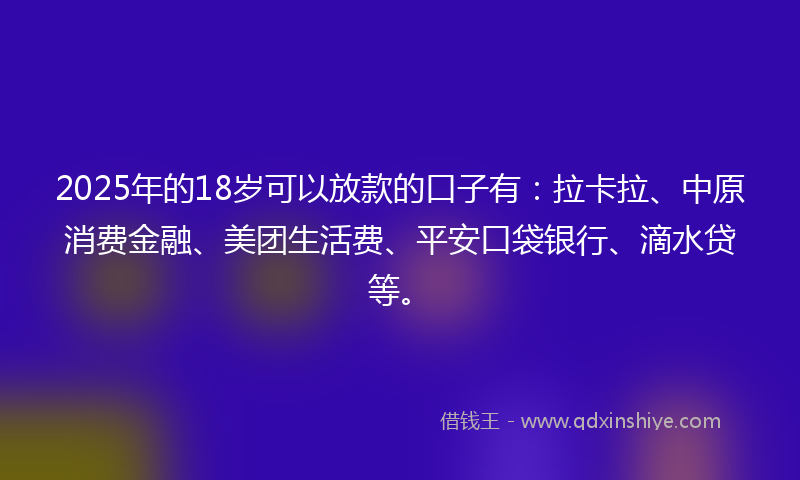 2025年的18岁可以放款的口子有：拉卡拉、中原消费金融、美团生活费、平安口袋银行、滴水贷等。