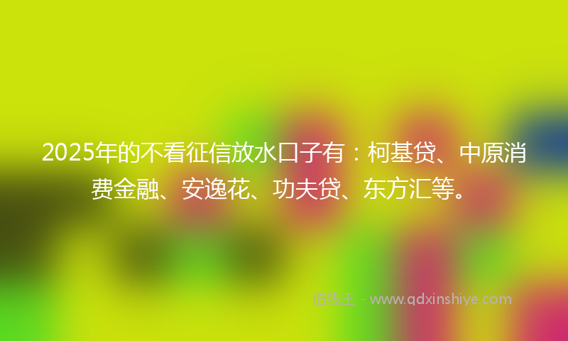 2025年的不看征信放水口子有：柯基贷、中原消费金融、安逸花、功夫贷、东方汇等。
