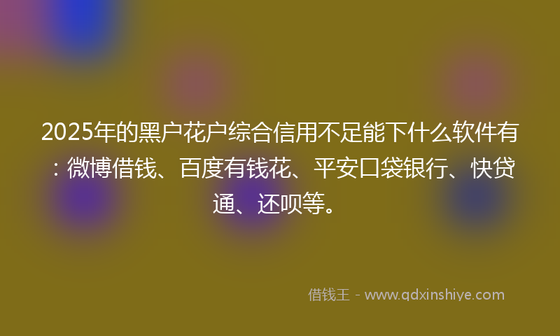 2025年的黑户花户综合信用不足能下什么软件有：微博借钱、百度有钱花、平安口袋银行、快贷通、还呗等。