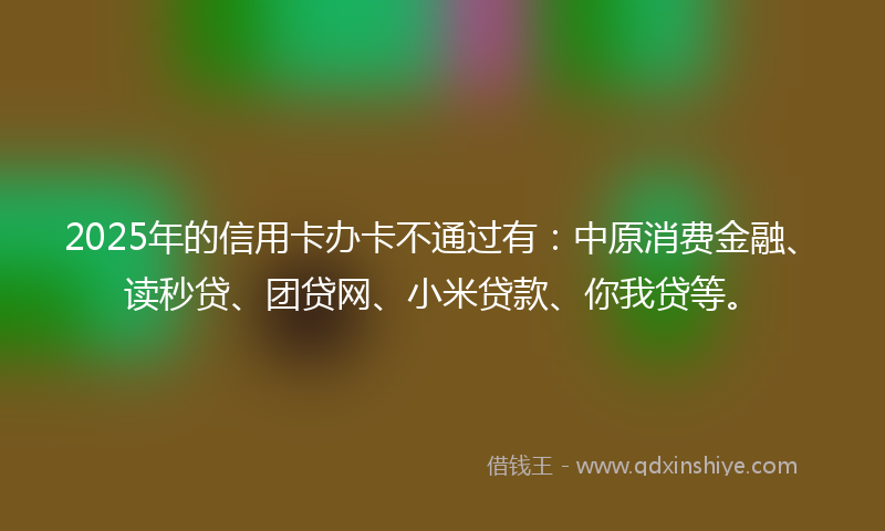 2025年的信用卡办卡不通过有：中原消费金融、读秒贷、团贷网、小米贷款、你我贷等。