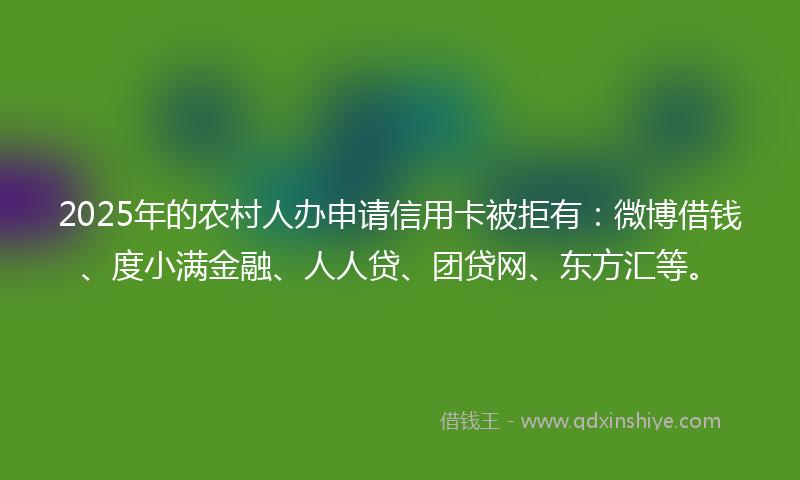 2025年的农村人办申请信用卡被拒有：微博借钱、度小满金融、人人贷、团贷网、东方汇等。