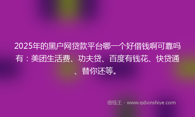 2025年的黑户网贷款平台哪一个好借钱啊可靠吗有：美团生活费、功夫贷、百度有钱花、快贷通、替你还等。
