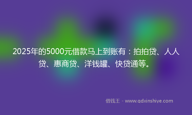 2025年的5000元借款马上到账有：拍拍贷、人人贷、惠商贷、洋钱罐、快贷通等。