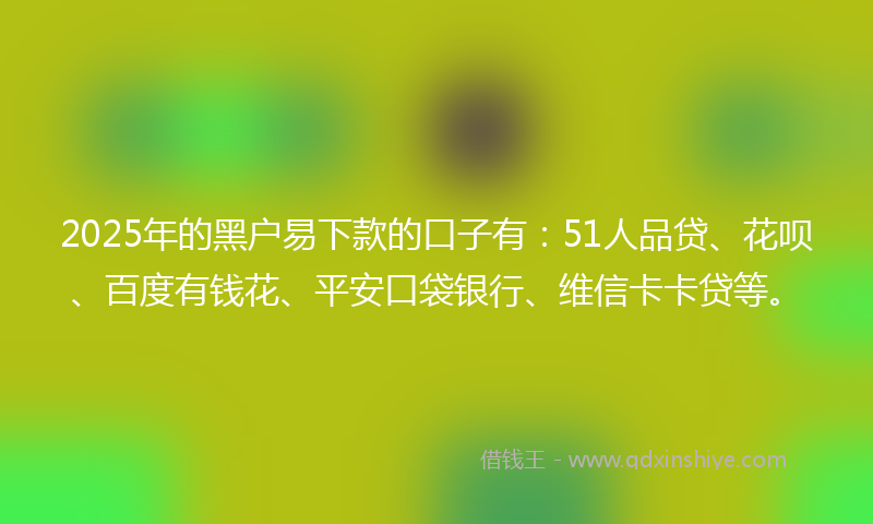 2025年的黑户易下款的口子有：51人品贷、花呗、百度有钱花、平安口袋银行、维信卡卡贷等。
