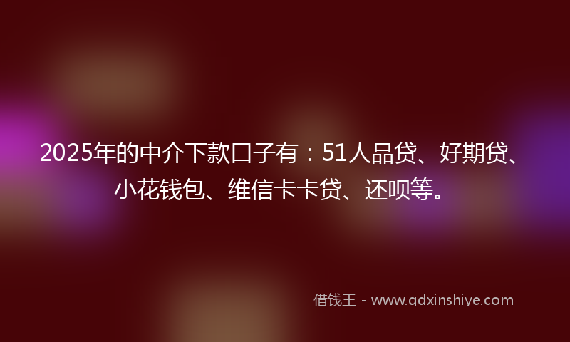 2025年的中介下款口子有：51人品贷、好期贷、小花钱包、维信卡卡贷、还呗等。