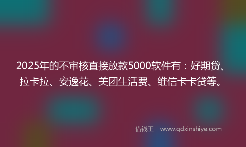 2025年的不审核直接放款5000软件有：好期贷、拉卡拉、安逸花、美团生活费、维信卡卡贷等。