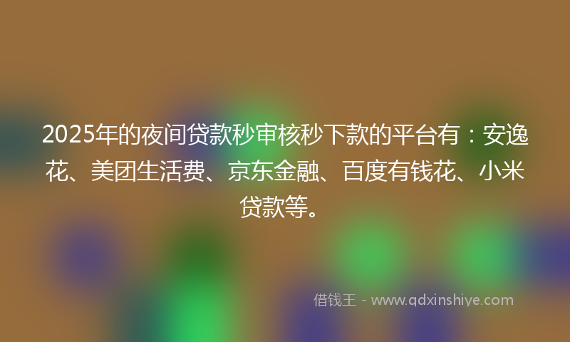 2025年的夜间贷款秒审核秒下款的平台有：安逸花、美团生活费、京东金融、百度有钱花、小米贷款等。